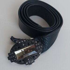 BRAVE, Black Leather Belt with Stones Buckle